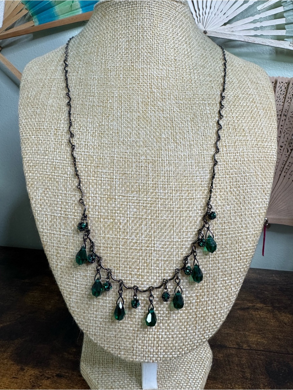 Emerald Teardrop Austrian Crystal Dangle Necklace - Antiqued